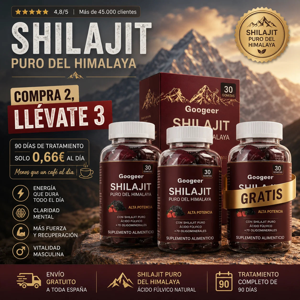 VitalPeak by Googeer. Shilajit Pure Himalayan. 30 Gominolas Alta Potencia