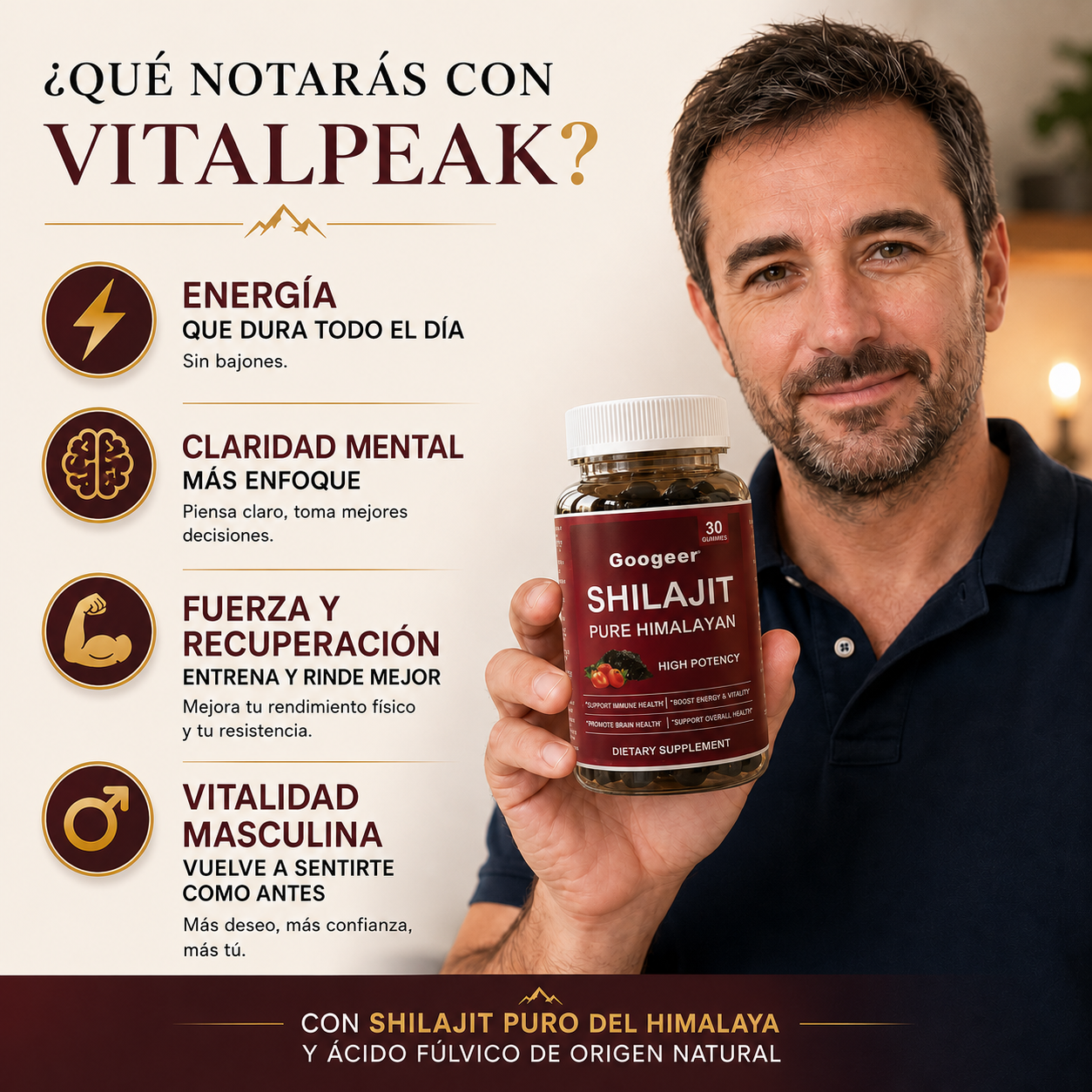 VitalPeak by Googeer. Shilajit Pure Himalayan. 30 Gominolas Alta Potencia